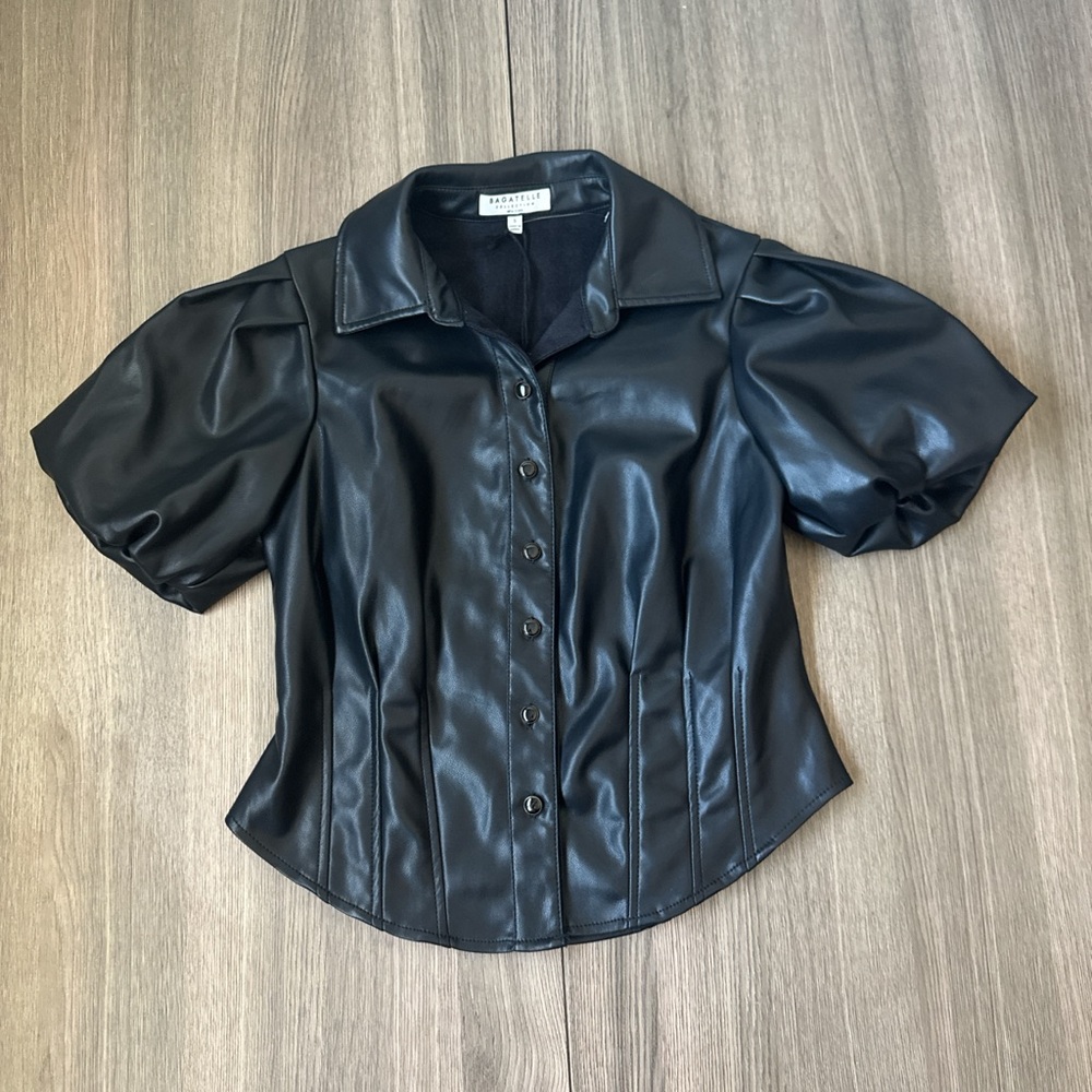 Bagatelle Black Faux Leather Puff Sleeve Button Front Top NWT